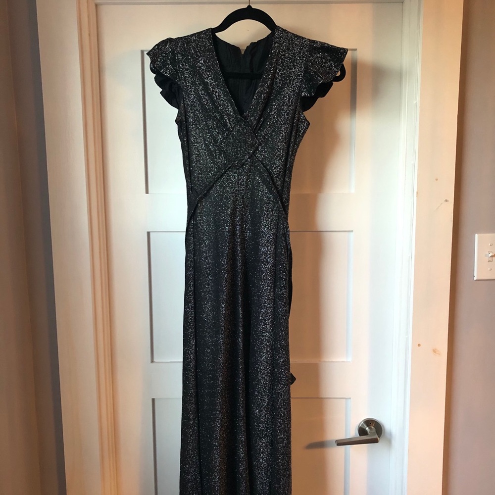 Vintage black and silver lamé ruffle sleeve dress